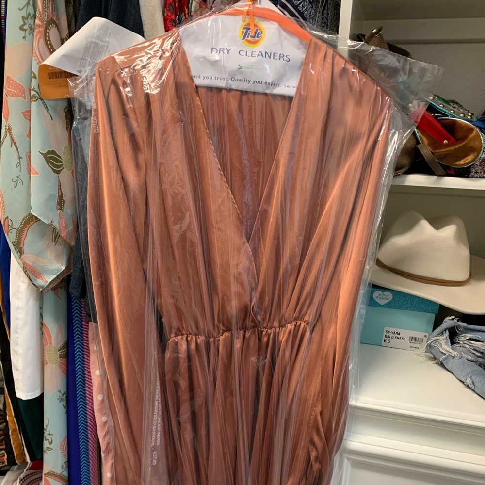 Michael Costello x Revolve Eric Gown in Dusty Coral Peach Bronze Satin High Slit - Picture 6 of 7